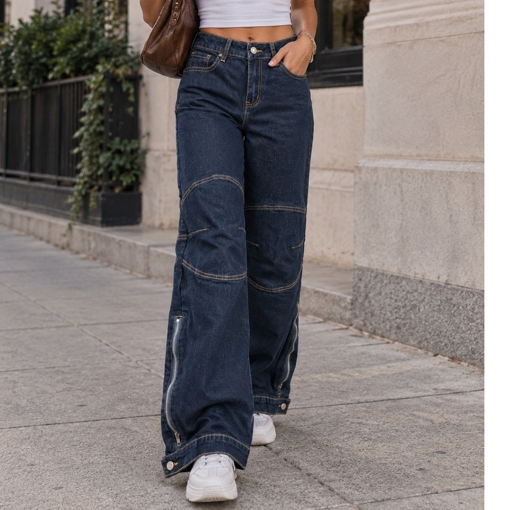 Fashion Nova Womens Dark Wash Moto Jeans Articulated Knee Ankle Zip Streetwear